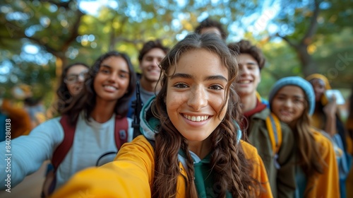 Multiracial students taking selfie in front of an university campus