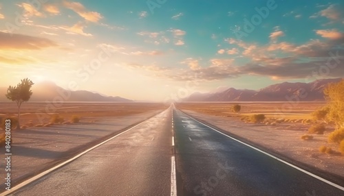 An empty asphalt road stretching into the horizon with mountains in the background, suggesting a journey or adventure at sunset.