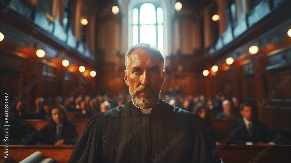 Man judge wearing a judge robes and standing in front of an audience Man judge wearing a judge robes and standing in front of an audience
