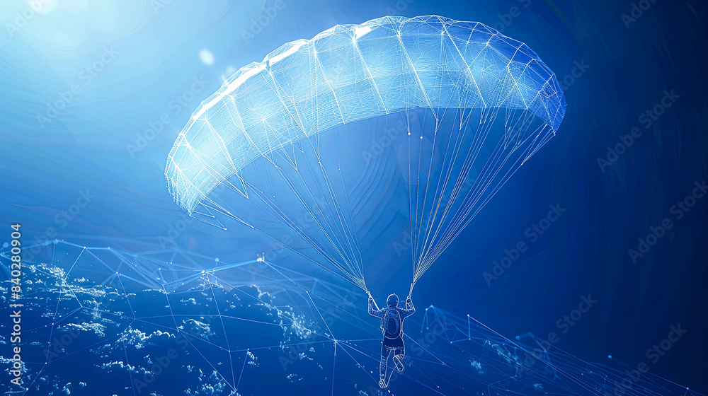 Obraz premium Parachutist flying in blue sky. 3D Rendering