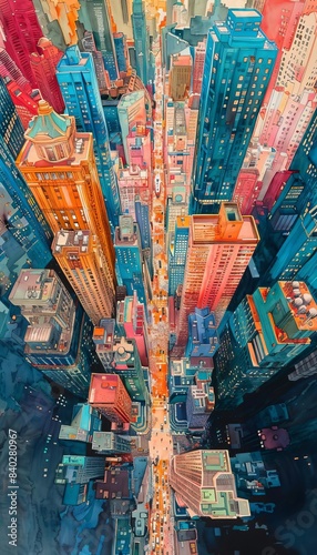 A vibrant aerial view of a bustling cityscape with colorful skyscrapers and busy streets. Dynamic urban life captured from above in vivid colors.