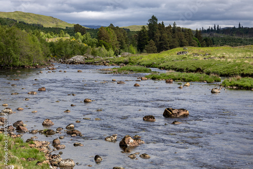 View of the River Gaur in Perthshire Scotland on a cloudy spring day