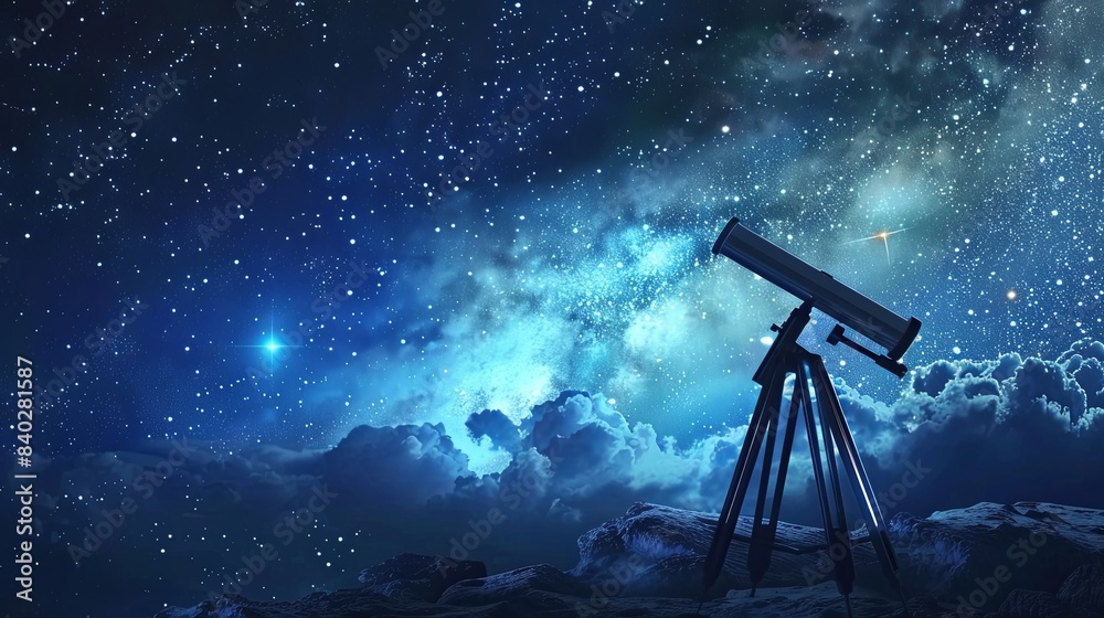 a telescope is silhouetted against a night sky with stars. a telescope is silhouetted against a night sky with stars.