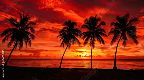 Imagine an iconic scene reminiscent of Scarface  where the vibrant backdrop of an orange sky sets the stage for a row of majestic palm trees. AI generated illustration