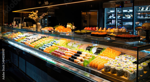 Sushi bar with sushi and sashimi on a glass counter, illuminated by soft lighting
