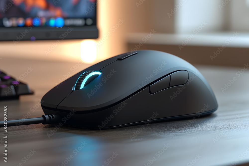 Black gaming mouse with blue RGB backlight lies on the table. Close-up photo Black gaming mouse with blue RGB backlight lies on the table. Close-up photo