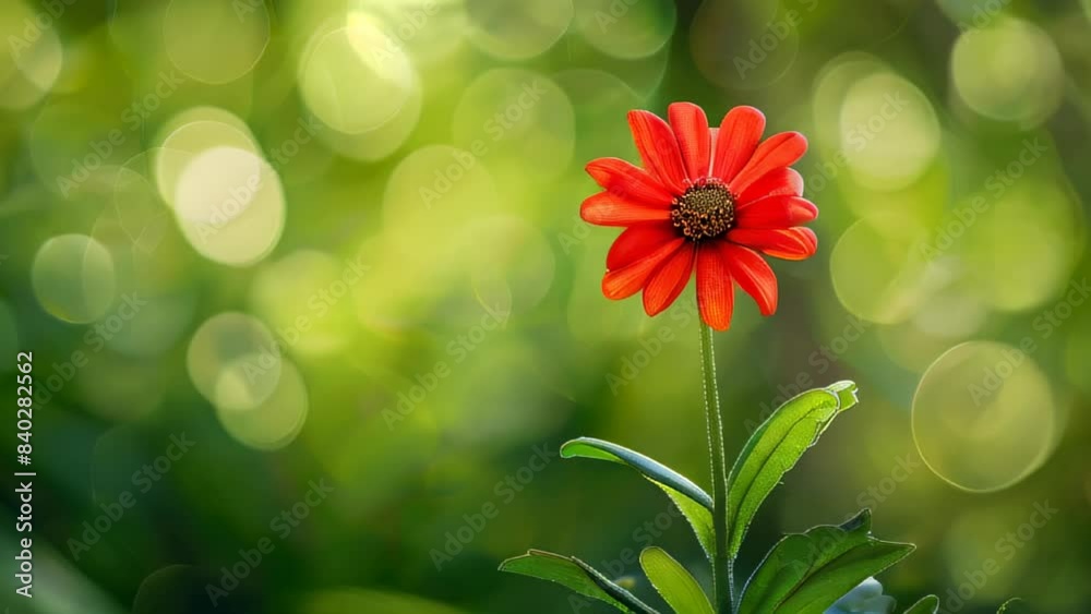 Vibrant red flower blooming against bokeh green background