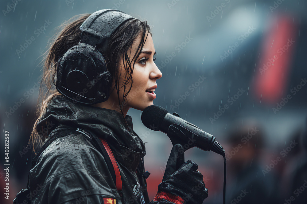 Generative AI illustration Professional reporter journalist in front of camera making live reportage Generative AI illustration Professional reporter journalist in front of camera making live reportage