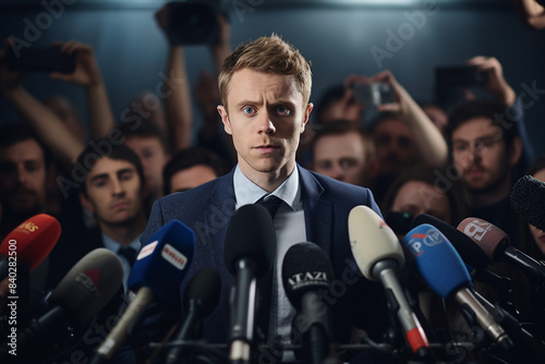 Generative AI illustration Professional reporter journalist in front of camera making live reportage