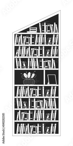 Bookcase for slanted ceiling black and white 2D line cartoon object. Angled bookshelves with literature isolated vector outline item. Home interior furniture monochromatic flat spot illustration
