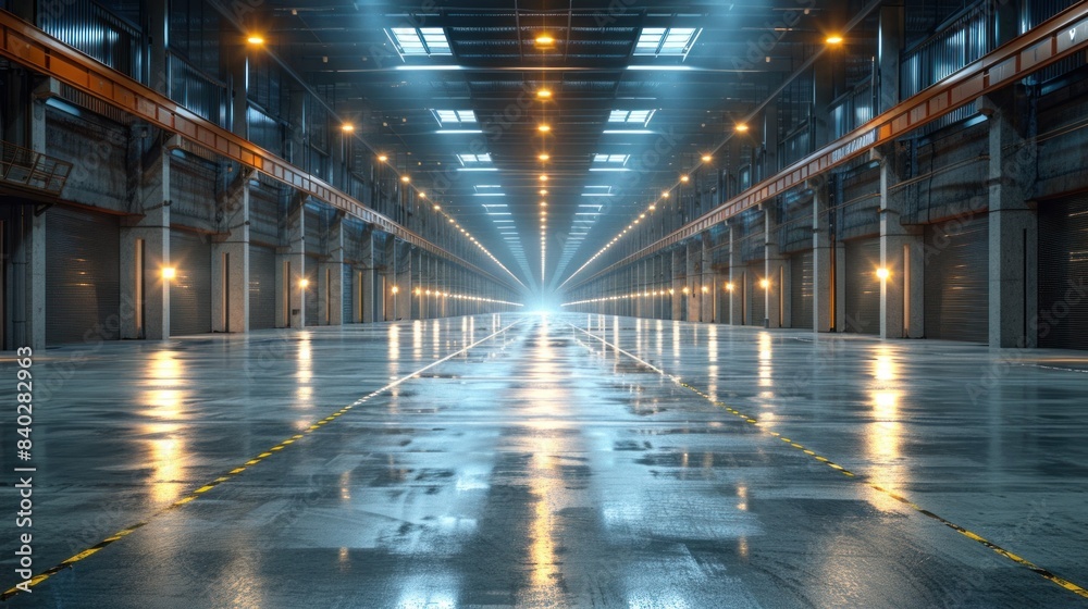 Evoke the atmosphere of an empty warehouse with glowing lights. The haunting light of a spotlight penetrates an old abandoned warehouse Evoke the atmosphere of an empty warehouse with glowing lights. The haunting light of a spotlight penetrates an old abandoned warehouse