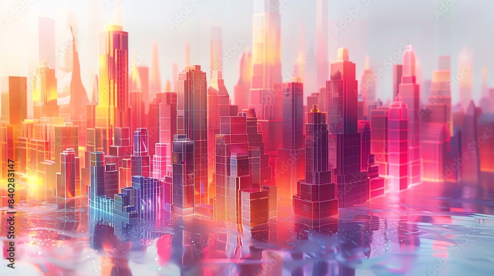 mimeograph lithograph Holographic of A 3D statistical graph, rendered in the style of a futuristic cityscape, with skyscrapers representing different market sectors, glowing with neon lights.,
