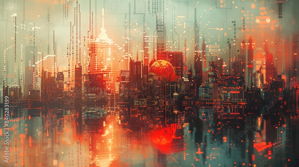 Futuristic cityscape with vibrant neon lights, towering skyscrapers, and a reflective surface creating a surreal ambiance.