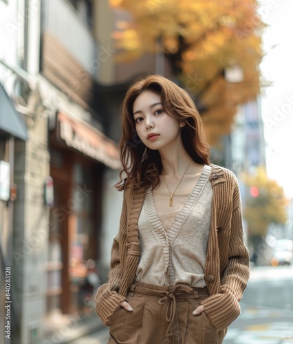 Elegant young woman in a city street with autumn background. Generative AI.