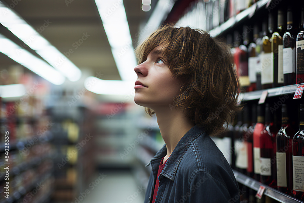 Generative AI image of young man explores a wine store rows Generative AI image of young man explores a wine store rows