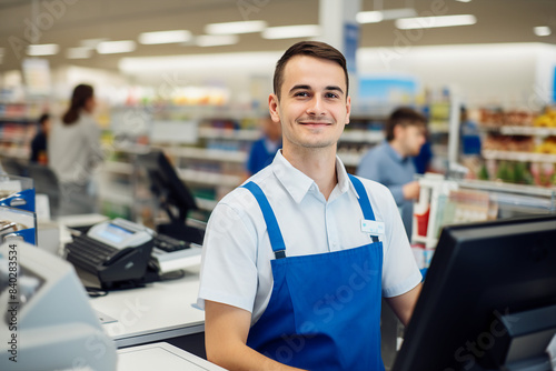 Friendly experienced supermarket store department worker professional at workplace Generative AI illustration