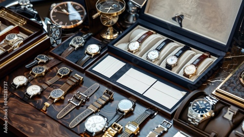 Timeless Elegance Luxury Watch Collector's Study with Business Cards Watch Winders and Timepieces photo
