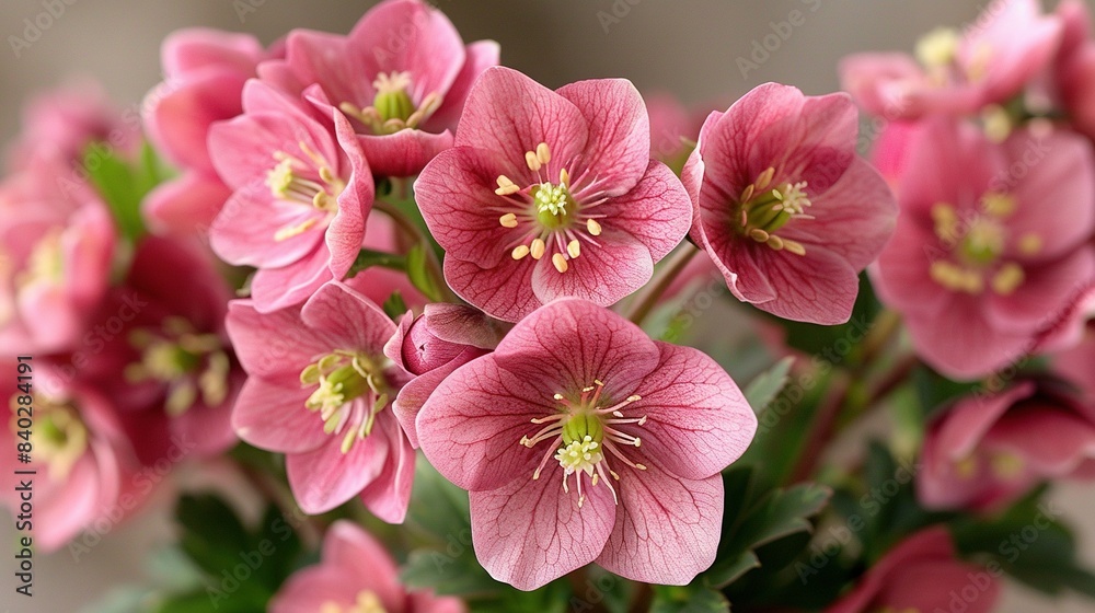 A wooden table supports two vases filled with pink flowers A wooden table supports two vases filled with pink flowers