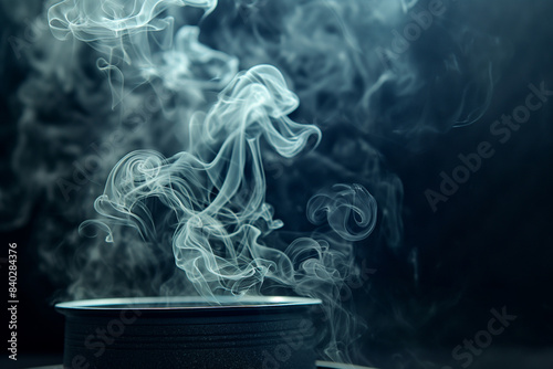 smoke on black background,A pot emitting smoke, with tendrils of smoke swirling and rising gracefully into the air. The scene captures the dynamic and ethereal nature of the smoke with perfect lightin photo