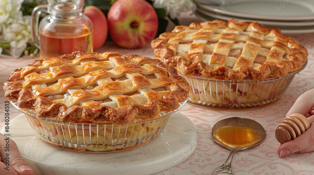 Two pies on a table with tea and honey Two pies on a table with tea and honey