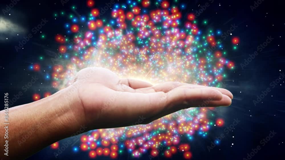 Human palm with colorful particles background Human palm with colorful particles background