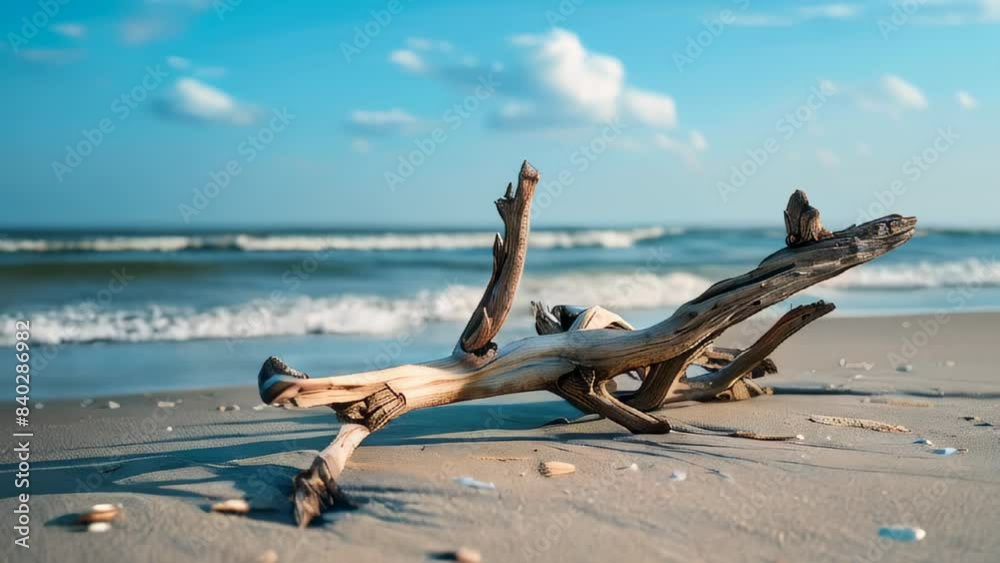Piece of driftwood lying on sandy beach with gentle waves in background Piece of driftwood lying on sandy beach with gentle waves in background