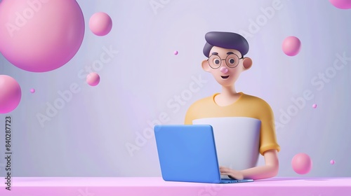 3D illustration of a person with a laptop, surrounded by floating pink spheres, showcasing modern technology and creativity.