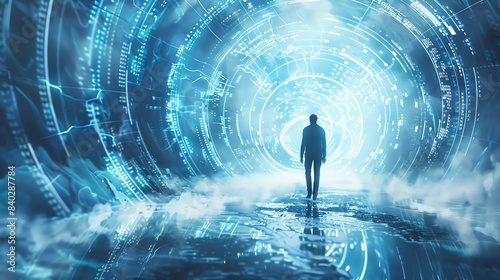 very active holographic of A businessperson, dressed in a suit, standing amidst a swirling storm of statistical graphs, representing the challenges and opportunities of the financial world., Leading