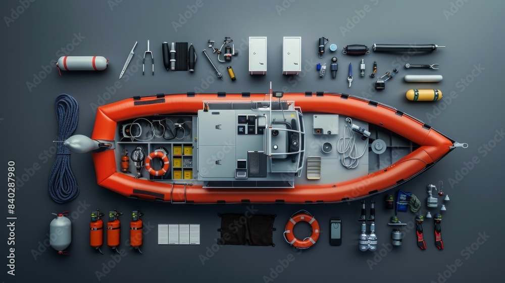 Fototapeta premium Exploring the Depths Marine Biologist's Research Vessel with Oceanographic Equipment Diving Gear and Blank Business Cards