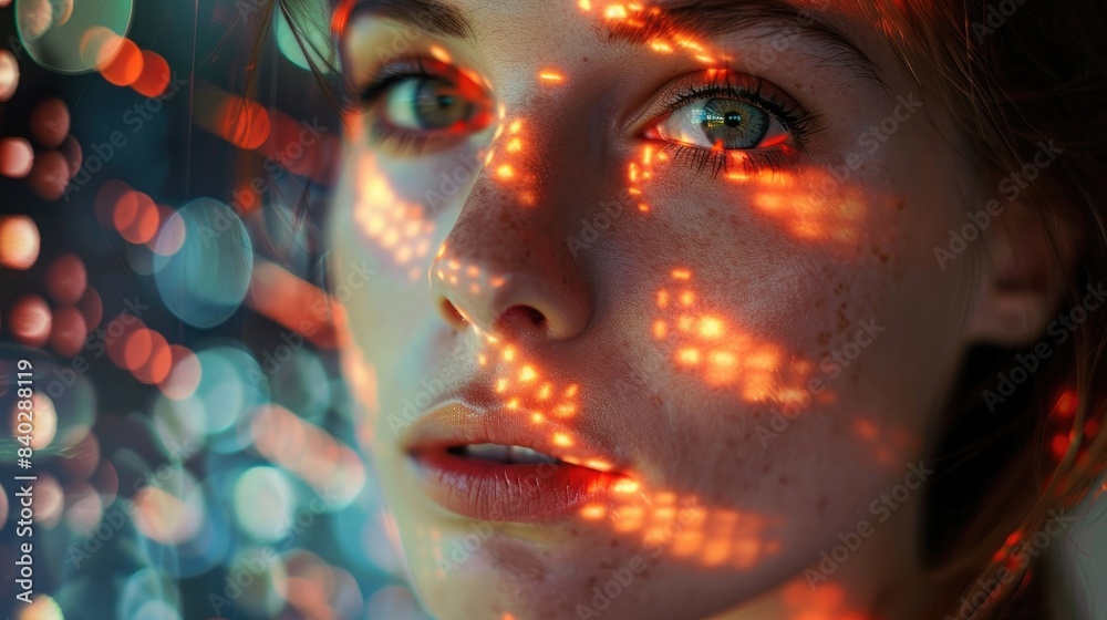 female portrait with videowall lights reflecting on her face