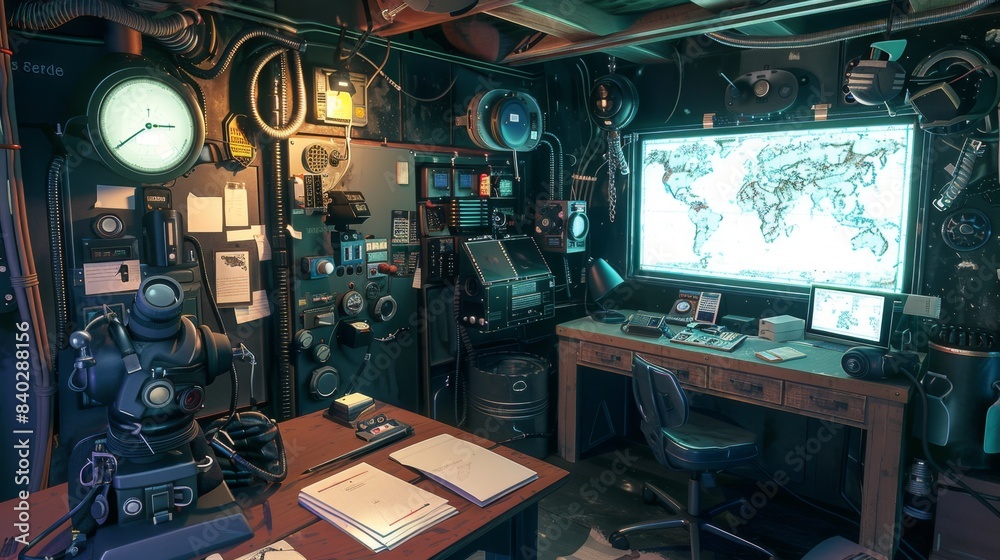 Underwater Exploration Marine Researcher's Command Center with Sonar Equipment Diving Suit and Blank Business Cards Nautical Adventure and Discovery Concept Underwater Exploration Marine Researcher's Command Center with Sonar Equipment Diving Suit and Blank Business Cards Nautical Adventure and Discovery Concept