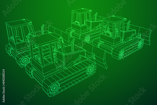 Big front-end loader bulldozer. Heavy equipment machine and manufacturing equipment for mining. Wireframe low poly mesh vector illustration.