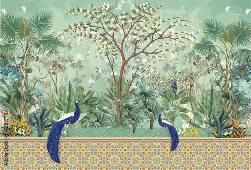 Moroccan garden , peacock wallpaper illustrations.
Moroccan decorative wallpaper, palm tree, tropical plants illustration for wallpaper