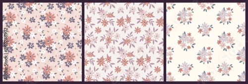 Seamless floral pattern, cute liberty ditsy print, abstract flower ornament. Pretty botanical design in pastel: small hand drawn daisy flowers, tiny leaves, mini simple bouquets. Vector illustration.