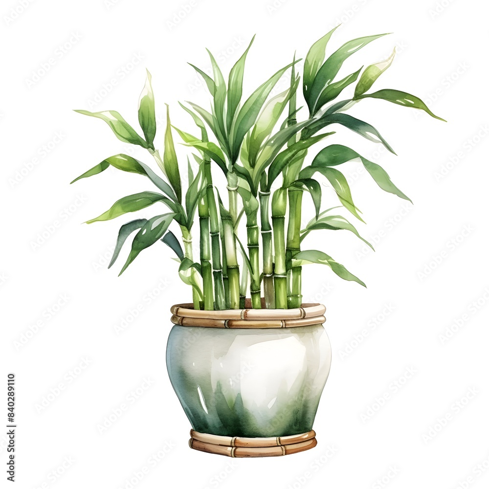Watercolor of Lucky Bamboo Plant in a Vase on White Background Watercolor of Lucky Bamboo Plant in a Vase on White Background