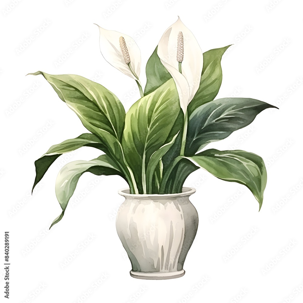Watercolor of Peaceful Peace Lily Plant in Vase on White Background Watercolor of Peaceful Peace Lily Plant in Vase on White Background