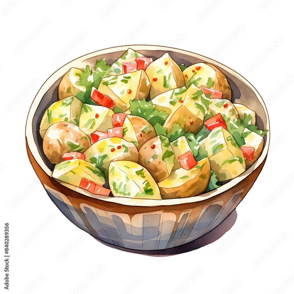 Watercolor of Scrumptious Potato Salad Served in a Wooden Bowl on White Background Watercolor of Scrumptious Potato Salad Served in a Wooden Bowl on White Background