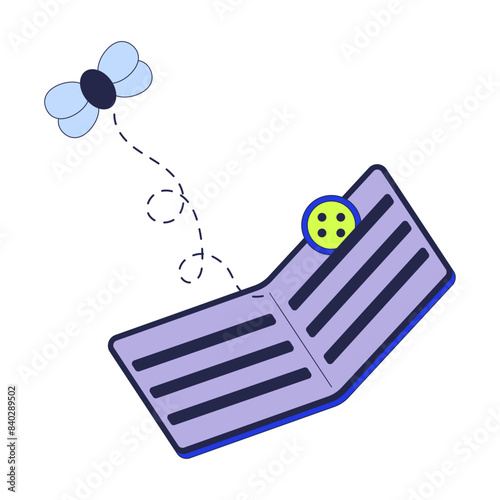 Empty wallet with fly and button 2D linear cartoon object. Lack of cash money. Losing savings isolated line vector element white background. Financial crisis color flat spot illustration