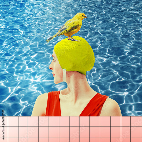 Woman in swimming pool, wearing cap and swimsuit with colorful bird on head. Summer colors and vibe. Contemporary art collage. Concept of summer, vacation, relaxation. Retro style. Creative design.