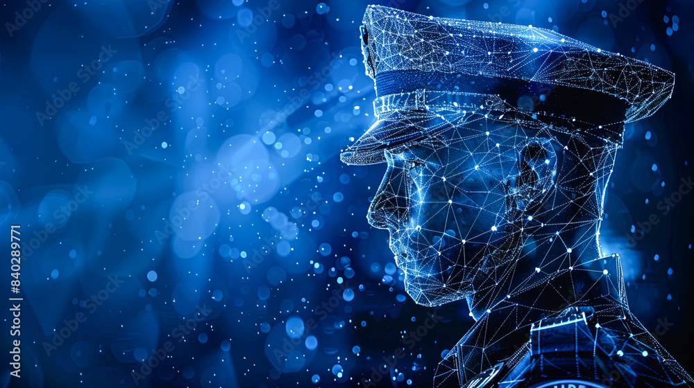 Abstract Futuristic Law Enforcement Officer with Plexus Design on a Blue Background with Bokeh Lights Abstract Futuristic Law Enforcement Officer with Plexus Design on a Blue Background with Bokeh Lights