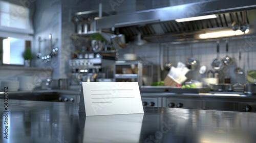 Culinary Excellence Professional Chef's Kitchen with Blank Business Cards Gourmet Dishes and Chef's Hat on Stainless Steel Countertop Restaurant and Cooking Concept