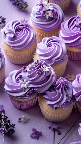 Beautiful Lavender Cupcakes on Purple Background, Delicious Homemade Desserts for Top View Presentation © Stanislav