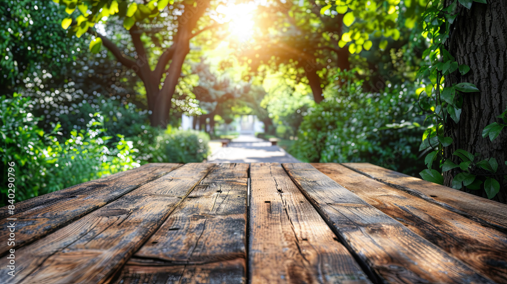 Wooden table in the park with green trees and sun light. Wooden table in the park with green trees and sun light.