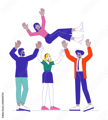 Celebrating peers achievement cartoon flat illustration. Happy multiracial team throwing leader in air 2D lineart characters isolated on white background. Great achievement scene vector color image