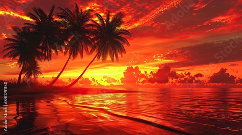 Imagine an iconic scene reminiscent of Scarface  where the vibrant backdrop of an orange sky sets the stage for a row of majestic palm trees. AI generated illustration