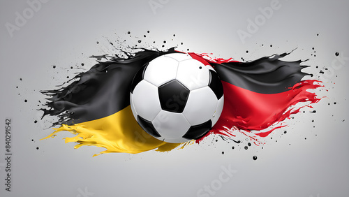 Generative AI. The symbolic power of success and victory. Classic soccer ball  football  has black and white color on Germany flag.