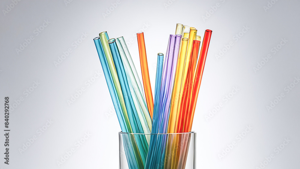 Colorful Array of Glass Tubes Vibrant and Transparent Cylinders Arranged in a Harmonious Pattern, Showcasing Bright Hues and Clear Material on a Smooth Surface Wallpaper Digital Art Poster Brainstorm