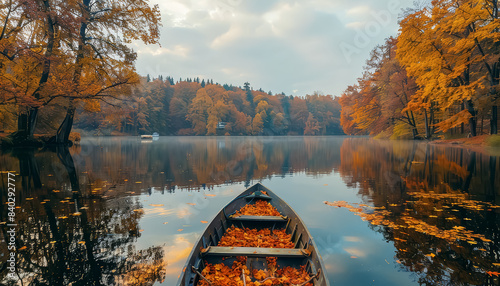 A boat is floating on a lake with leaves on the water