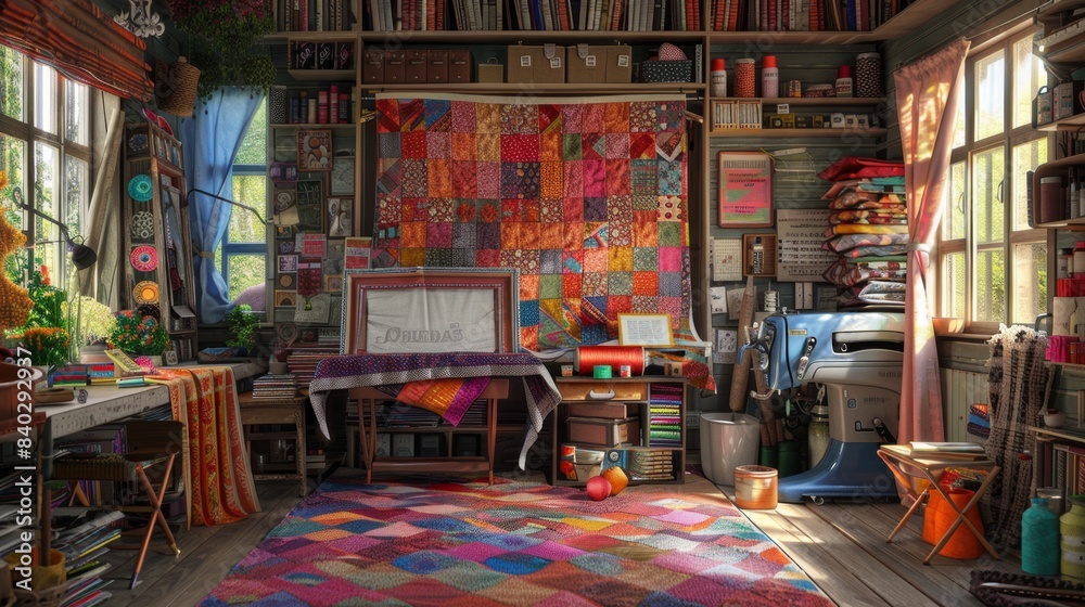 Quilt Maker's Haven Cozy Studio with Sewing Machine Colorful Fabric Patches and Blank Business Cards for Custom Creations Quilt Maker's Haven Cozy Studio with Sewing Machine Colorful Fabric Patches and Blank Business Cards for Custom Creations