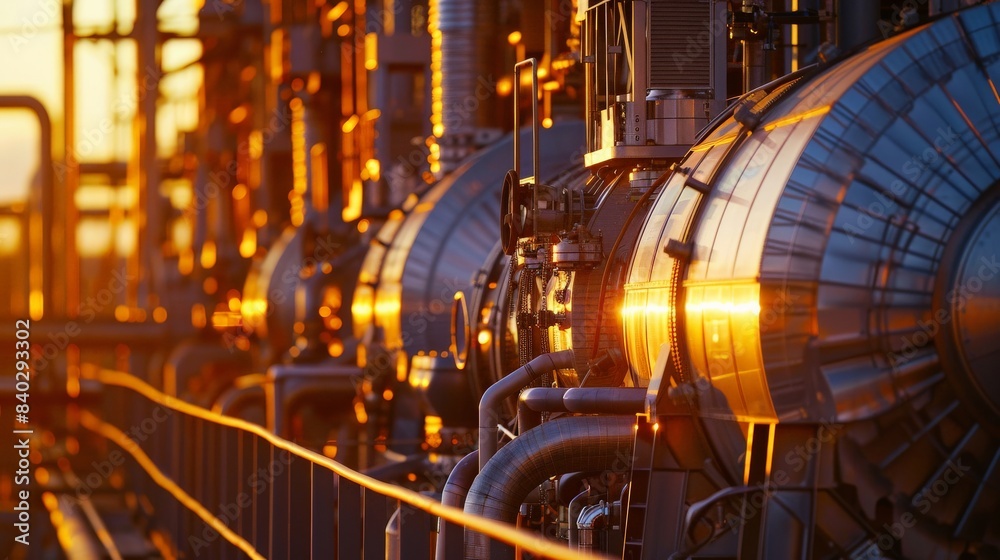 A gas turbine power plant with the warm glow of the sunset reflecting off the metal surfaces, highlighting industrial beauty. A gas turbine power plant with the warm glow of the sunset reflecting off the metal surfaces, highlighting industrial beauty.